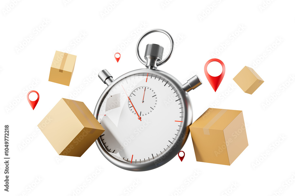 Poster stopwatch surrounded by cardboard boxes and red location pins, isolated on a white background, symbo
