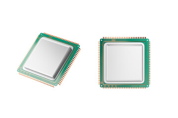 Two computer processor chips shown from different angles, isolated on a white background. Clean, isolated concept for technology layouts. 3D Rendering
