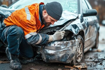 Mechanic Examining Damaged Car After Accident on Roadside