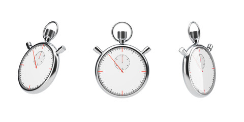 Three metal stopwatches displayed in different angles, isolated on a white background. Concept of time management, precision, and sports. 3D Rendering
