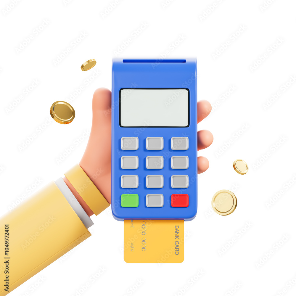 Poster a hand holding a blue card reader with a bank card inserted. golden coins float around. isolated on 