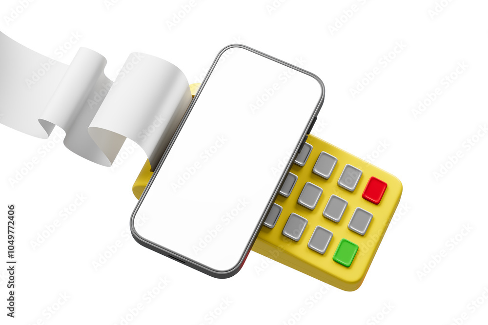 Poster close-up of a smartphone tapping on a yellow payment terminal with a receipt emerging, isolated on a