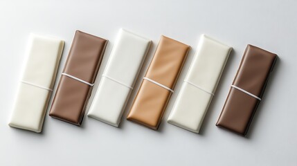 Set of white blank packaging for a chocolate bar with brown and beige colors, top view isolated on a grey background mockup template design 


