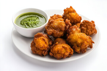 Golden, deep-fried pakoras (vegetable fritters) served with green chutney and sprinkled with chaat masala on a white plate, Indian food photography, Isolated on white background