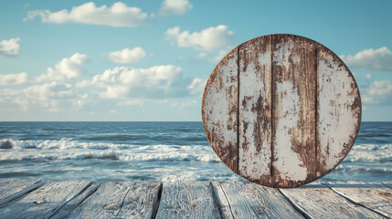 A weathered wooden wall with a round signboard by the seaside, waves in the background.