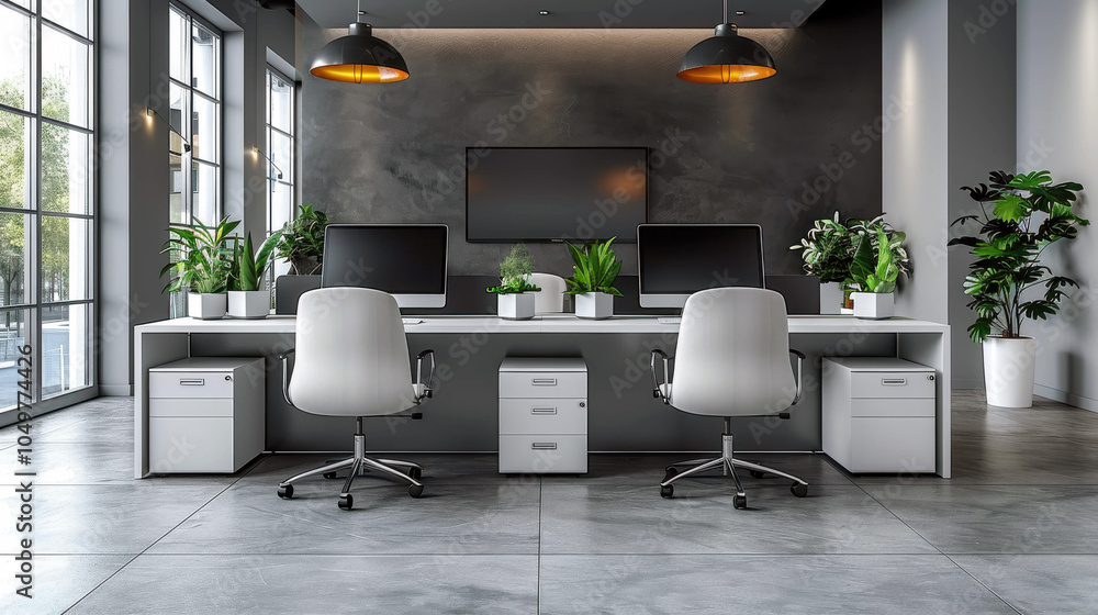 Poster a modern office with three rows of chairs and three computer monitors