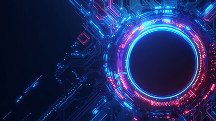 abstract tech background with neon-lit circuit boards, wires, and microchips, set against a dark, gradient blue background.