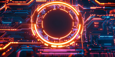 abstract tech background with neon-lit circuit boards, wires, and microchips, set against a dark, gradient blue background.