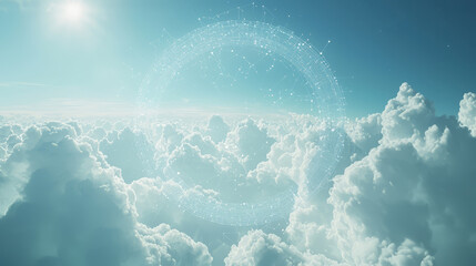 Ethereal background of cloud computing with interconnected clouds, data and connectivity.