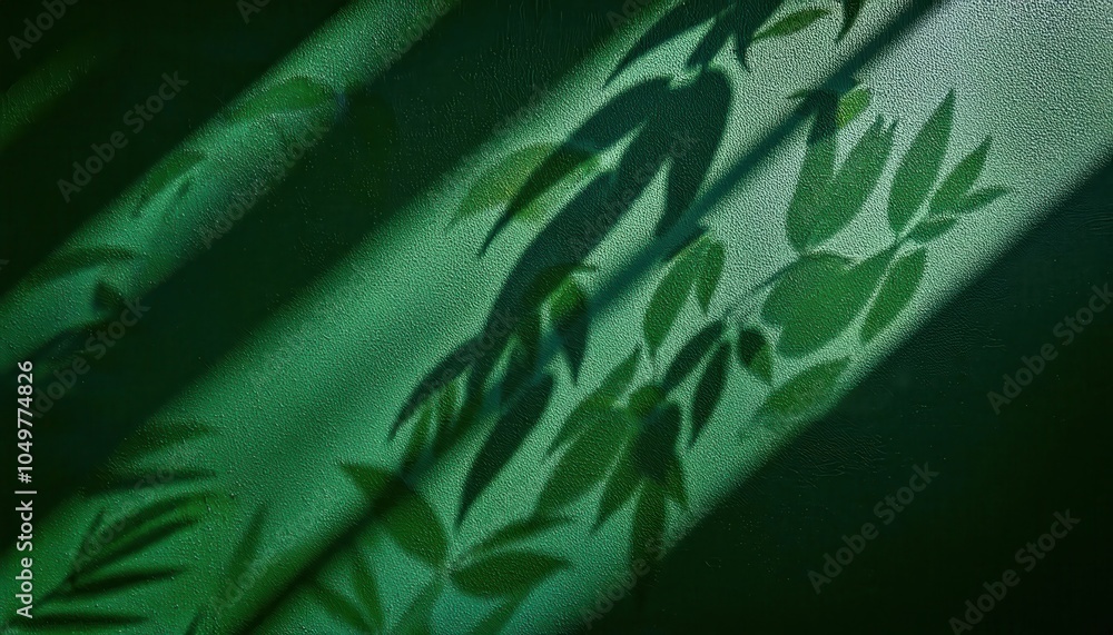 Poster sunlit leaf shadows on textured green surface. minimalistic nature inspired background with natural 