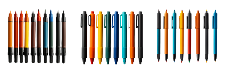 A colorful array of pens arranged in three groups, showcasing various colors and designs against a transparent background..