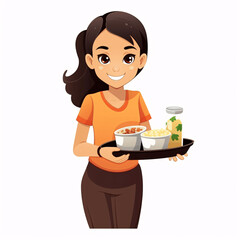 Smiling Woman Serving Food on a Tray