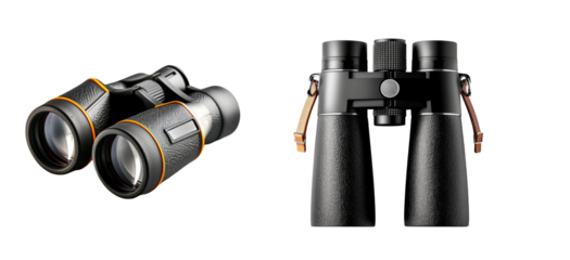 A pair of high-quality binoculars showcasing detailed design and functionality against a transparent background.