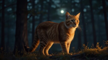 A ginger cat with piercing green eyes stands tall in a moonlit forest. The soft glow of the moonlight illuminates its fur, highlighting its intricate patterns.