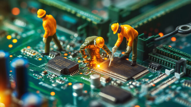 Miniature model it support services. workers repairing internet connection