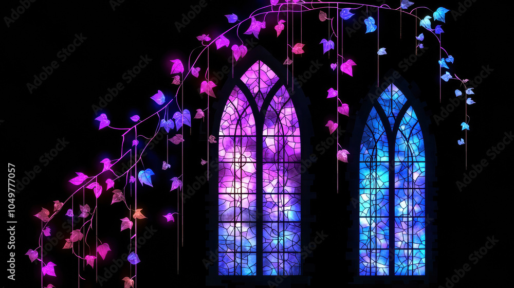 Poster stained glass windows adorned with colorful ivy and vines create vibrant and enchanting atmosphere. 