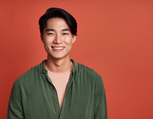 Fototapeta premium Portrait of Handsome Young Man Happily Smiling Against Colored Studio Background
