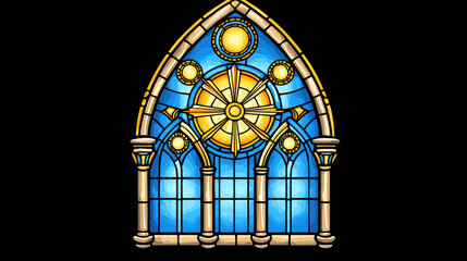 Stained glass window featuring intricate lace like patterns and vibrant colors, showcasing sun motif surrounded by blue hues. This artwork evokes sense of tranquility and beauty