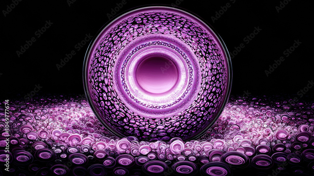Poster vibrant purple abstract design featuring concentric circles and bubbles, creating mesmerizing visual