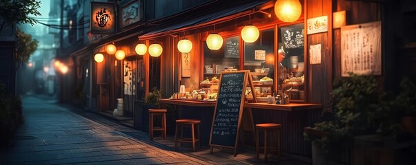 Obraz premium Anime-style Tokyo ramen shop at night, glowing lanterns and cozy ambiance, lofi architecture and tranquil streets, Warmth, Japanese Nostalgia