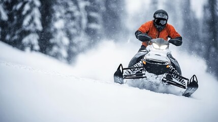 Dynamic action shot of a snowmobiler racing across a snow-covered terrain, dense forest in the background, Thrilling, Frozen Wilderness