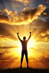 Fototapeta premium Man with arms raised celebrates victory against sunset backdrop