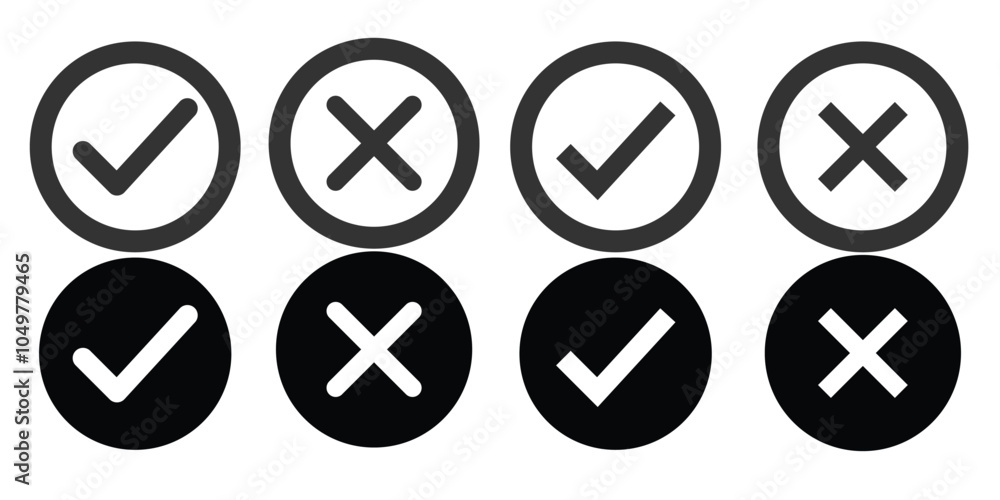 Poster right or wrong icons. black tick and cross checkmarks. yes or no symbol, approved or rejected icon f