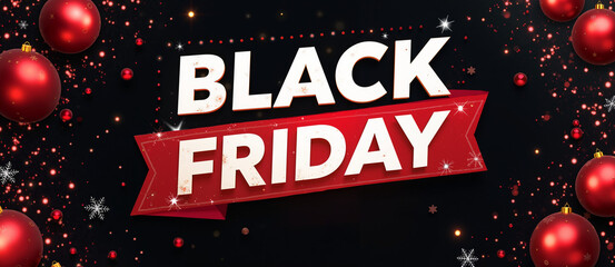 Black Friday banner with a red ribbon and red Christmas ornaments. The background is black with white snowflakes and glitter.
