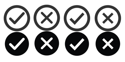 Right or wrong icons. black tick and cross checkmarks. Yes or no symbol, approved or rejected icon for user interface.