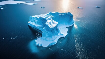A majestic iceberg floating in Antarctica's icy waters under the glow of the Antarctic midnight sun, Polar scene, Majestic style