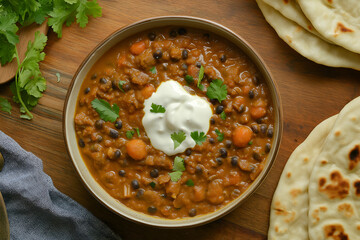 Overhead shot of rich dal makhani (black lentil curry) in a bowl, with a dollop of cream and naan on the side, Indian food photography