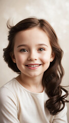  young girl with a bright, warm, and genuine smile, radiating joy and innocence, her flawless skin a gentle porcelain complexion, her bright eyes luscious eyelashes, her hair a rich, dark brown