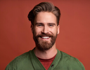 Obraz premium Portrait of Handsome Man Happily Smiling Against Colored Studio Background