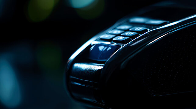 Close-up of a black credit card reader with buttons and a blue light.