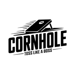 Cornhole Game Logo with Slogan Design, Bold black-and-white logo featuring cornhole board graphic and "Toss Like a Boss" slogan, ideal for game-related branding.

