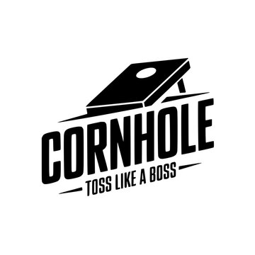 Cornhole Game Logo with Slogan Design, Bold black-and-white logo featuring cornhole board graphic and "Toss Like a Boss" slogan, ideal for game-related branding.

