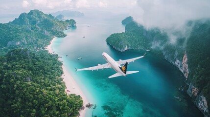 Fototapeta premium Airplane flying over tropical island
