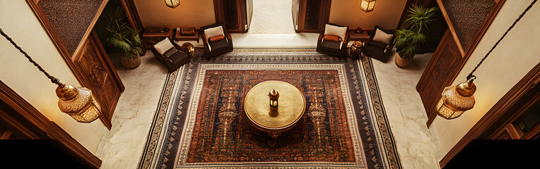 Overhead view of a luxurious living room with ornate rug, round table, and chairs.