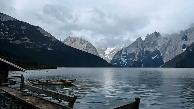 charming boathouse wooden pier scenic Braies Lake cloudy ather creates dramatic backdrop summer adventures stunning Dolomites aly captured 4k slow motion nature harbor dock wood sky