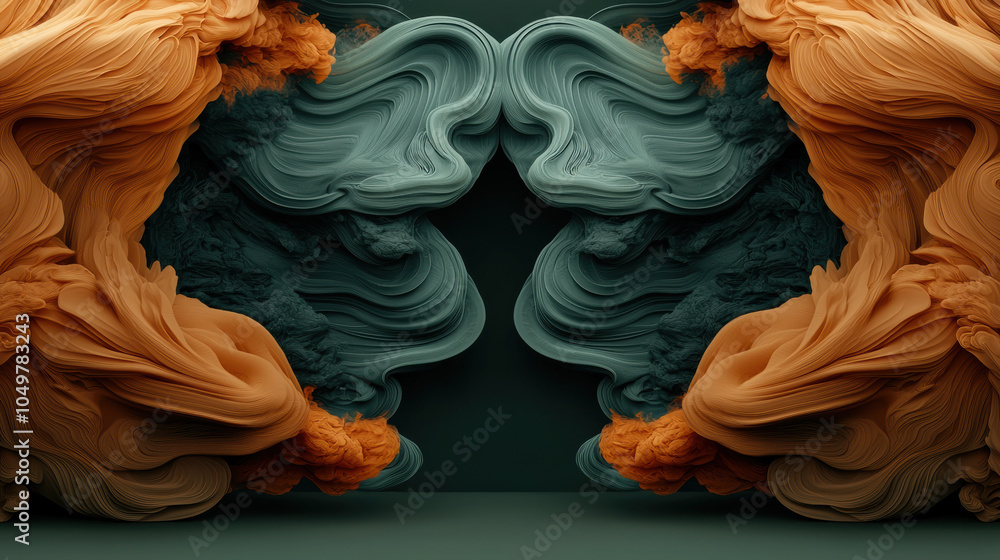 Poster abstract swirls of orange and teal create dynamic and vibrant composition, evoking sense of movement