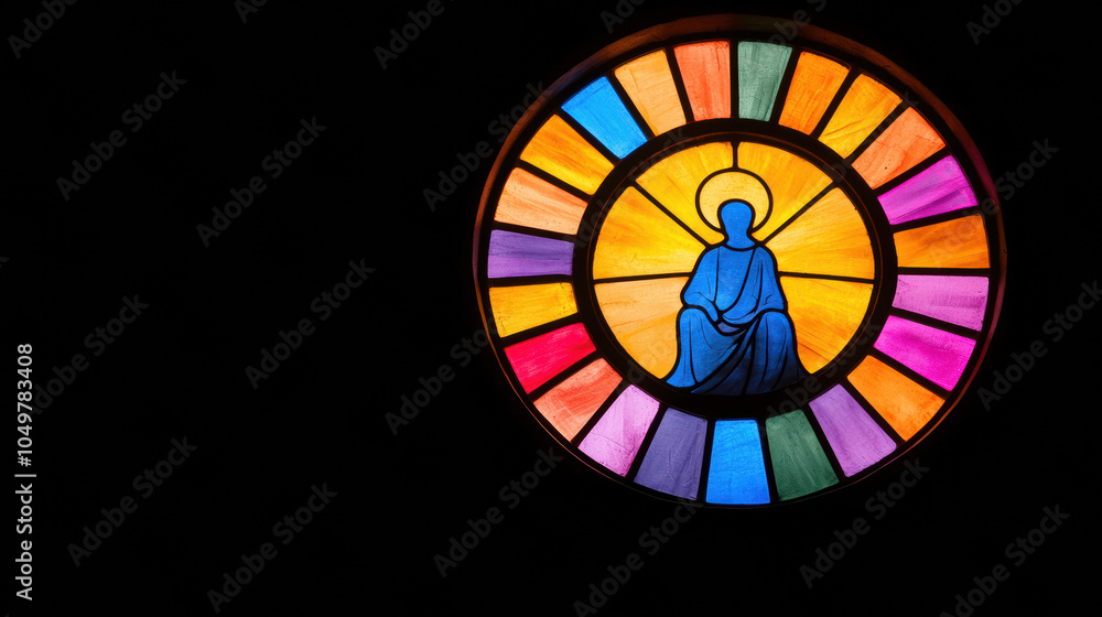 Poster vibrant stained glass window featuring seated figure surrounded by colorful rays of light, creating 