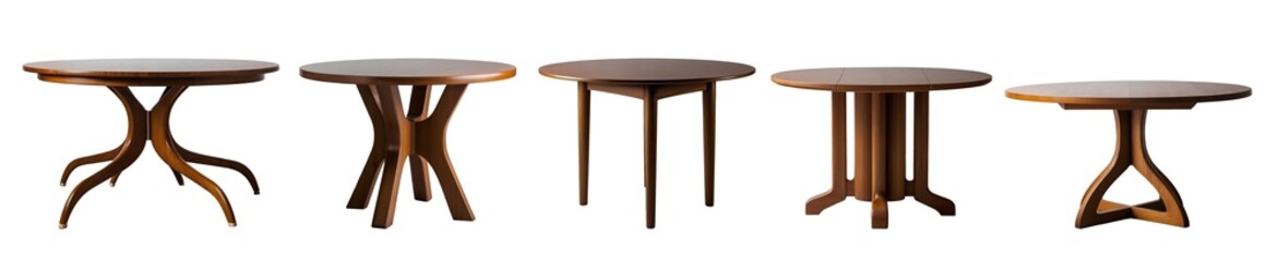 Set of mid century modern round wooden dining tables isolated on transparent background. Generative AI