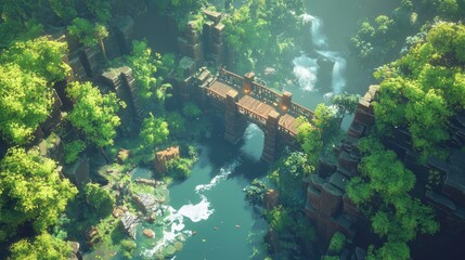 A DnD Battlemap game stone bridge over a misty river in a lush green forest with a waterfall.