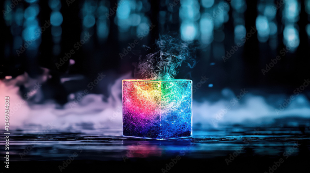 Poster vibrant, colorful ice cube emits smoke in mystical setting, creating captivating and surreal atmosph