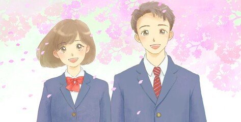 制服を着た男女と桜のイラスト