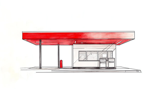 recommend clip art: Fuel station with red canopy, modern retro vibe, clean line art and watercolor details, isolated on white background space for text
