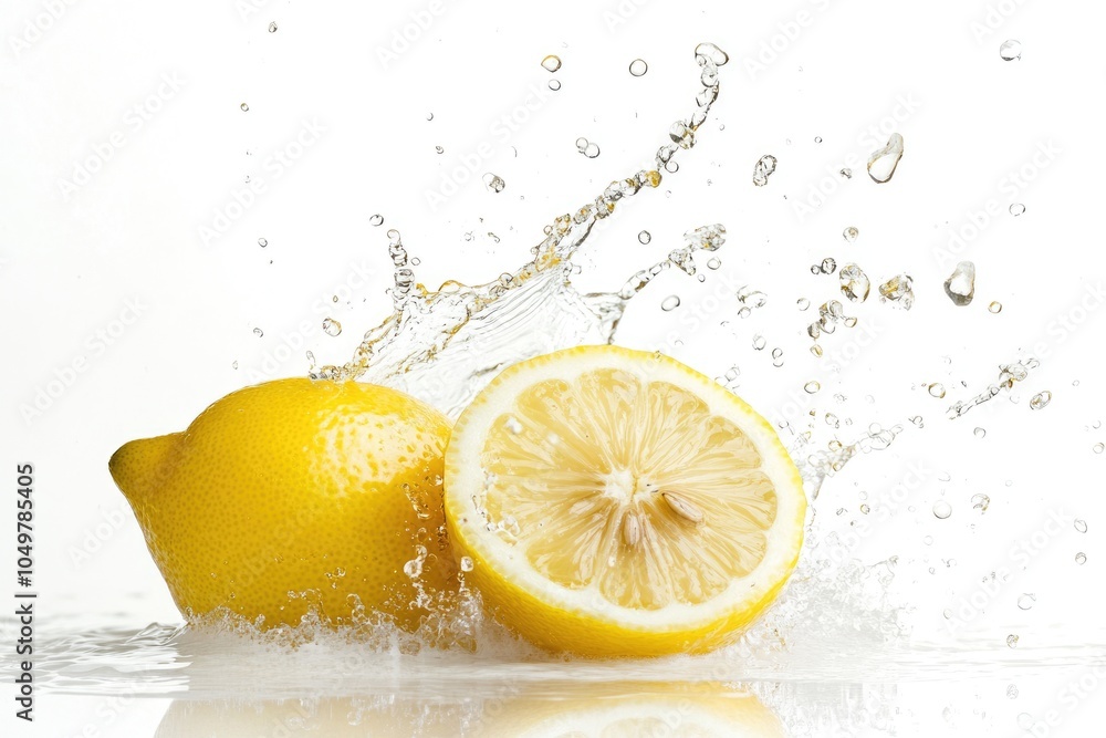 Wall mural refreshing lemon splash. citrus juice dripping in clear water with fresh fruit slice