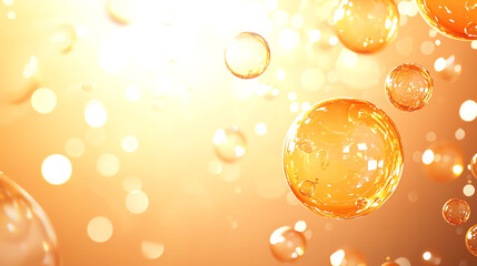 Suspended orange liquid bubbles, glowing highlights, soft blur background, 3D illustration space for text