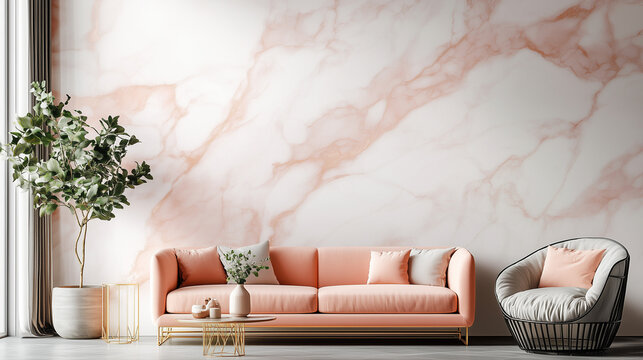 Living Room with Peach Marble Accent Wall and Coral Sofa