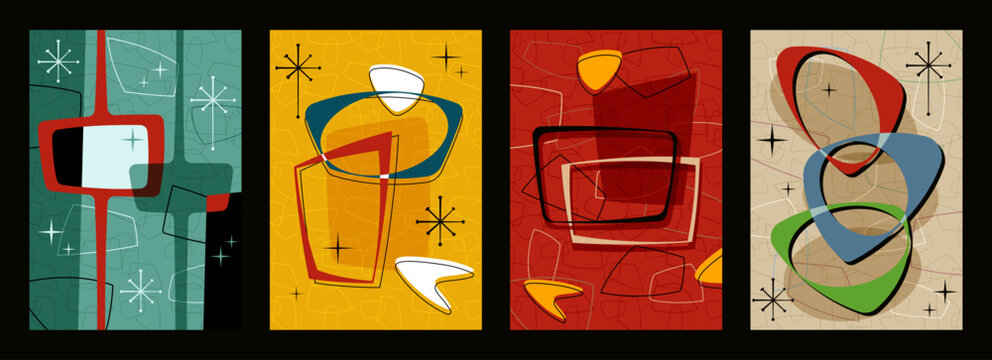 1950s - 1960s Abstract Background Set, Atomic Age Style Templates for Retro Party Invitations, Posters, Covers, Illustrations. Googie and Space Age Shapes and Colors